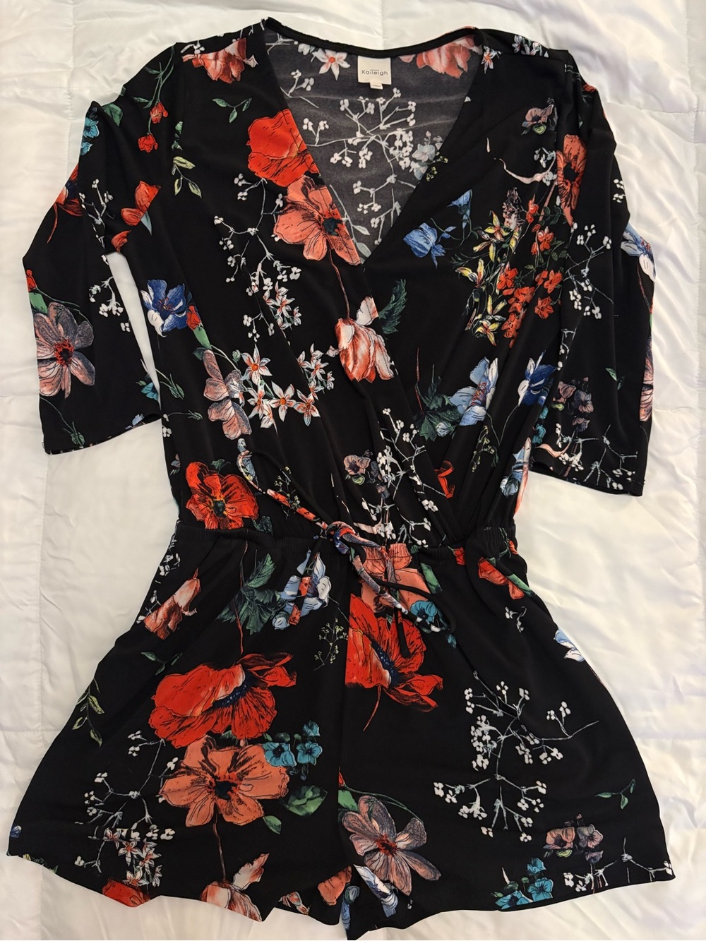 Kaleigh Black Floral Wrap Romper - Red & Blue Flower Print